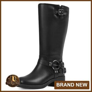 Wide Calf Knee High Boots Square Toe Pull On Chunky Heel Moto Style